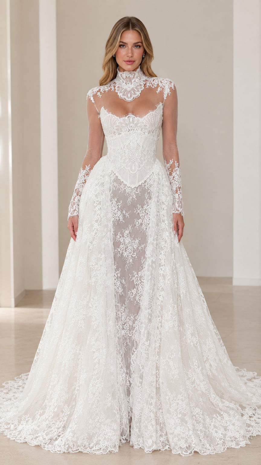 Front view of model wearing a White high neck floral lace corset evening gown