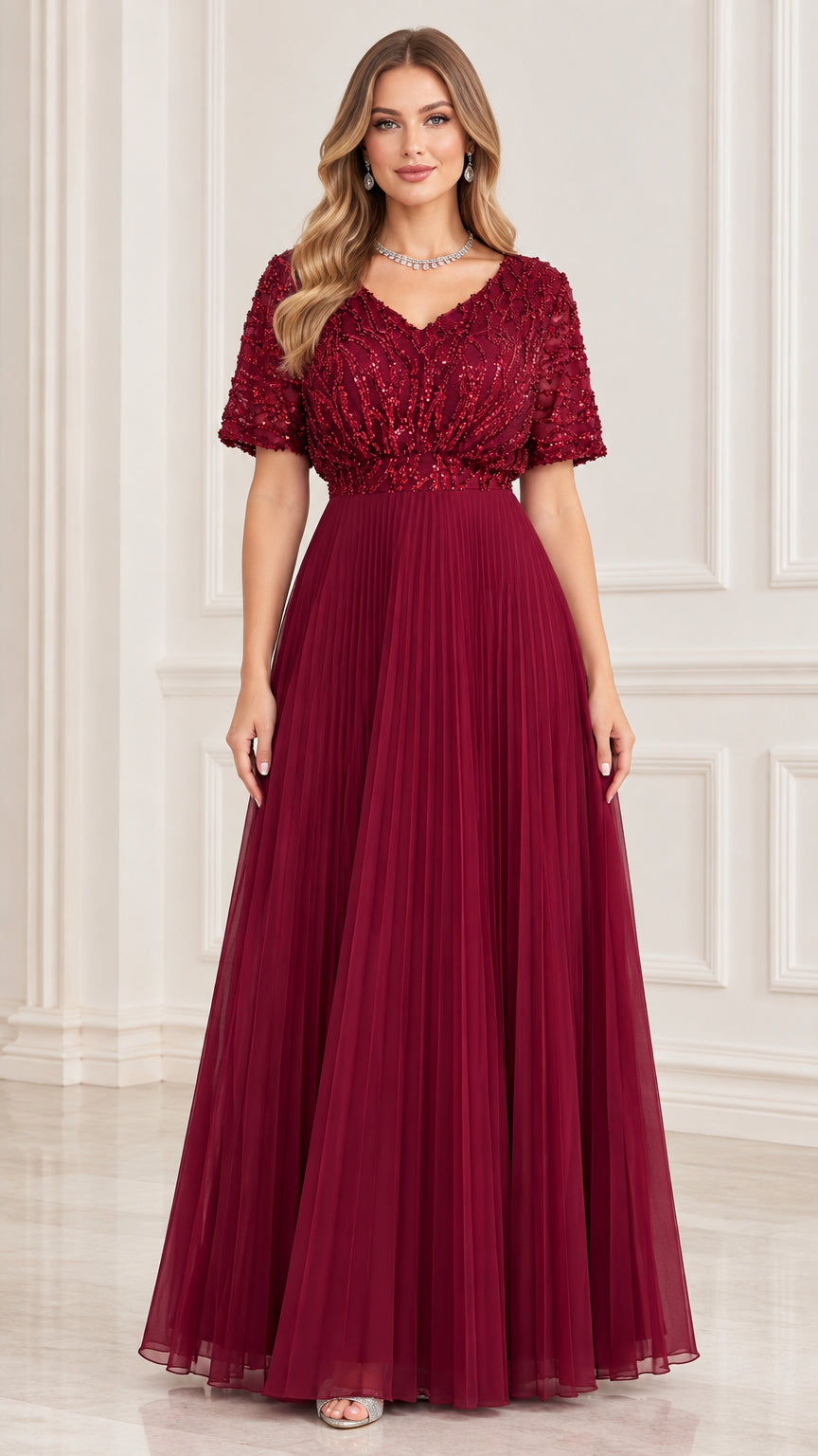 Front view of woman wearing burgundy sequin beaded V-neck pleated maxi evening dress