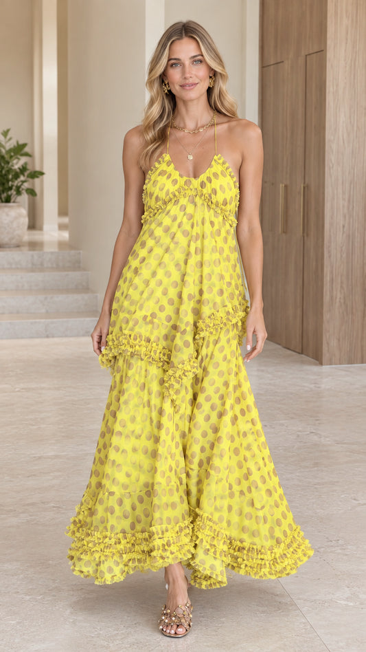 Front view of model wearing a yellow halter backless tiered ruffle polka dot maxi dress