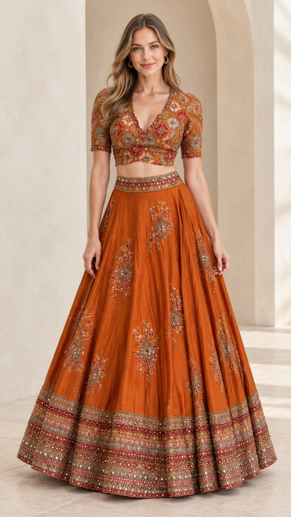 Front view of woman wearing Rust Orange embroidered V-neck crop top and flared maxi skirt set