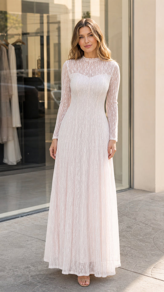 Model wearing an Ivory White lace long sleeve mock neck illusion maxi dress front view
