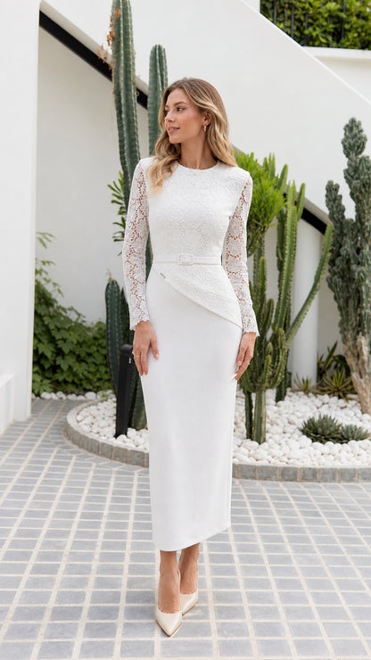 Front view of model wearing white long sleeve lace peplum midi dress
