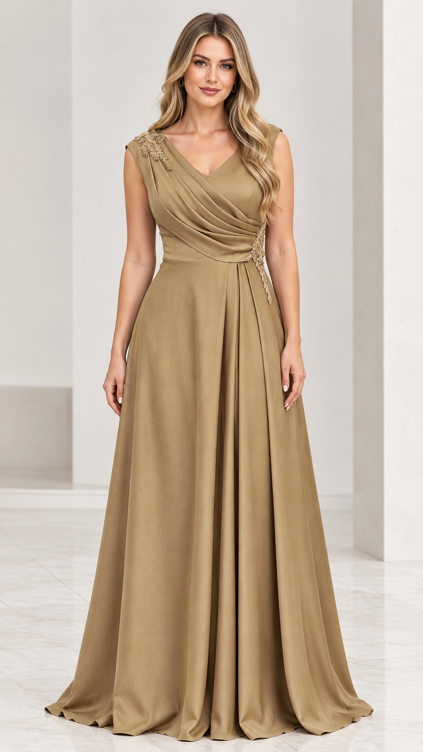 Full front view of elegant gold pleated V-neck floor-length evening gown