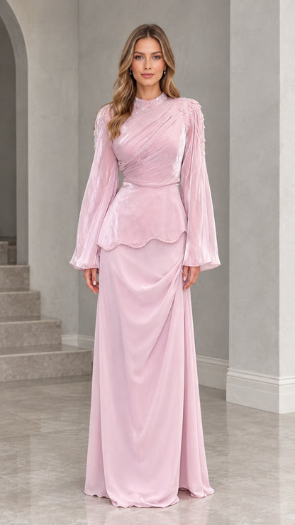 Dusty pink high neck long sleeve evening gown with peplum waist front view