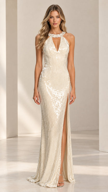 Front view of model wearing Champagne sequin halter evening gown with rhinestone collar and high slit