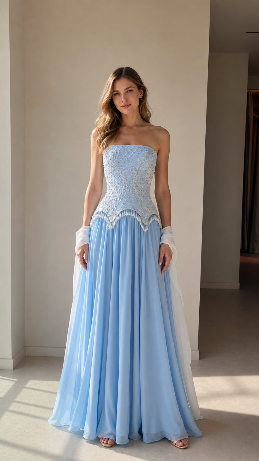 Front view of model wearing a light blue strapless beaded corset evening gown with sheer shawl