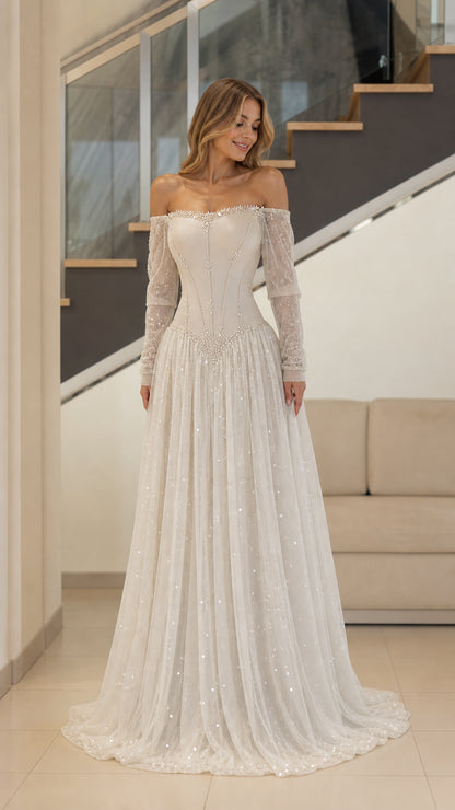 Ivory off-the-shoulder corset evening gown with pearl beaded basque waist and sequin tulle skirt - front view