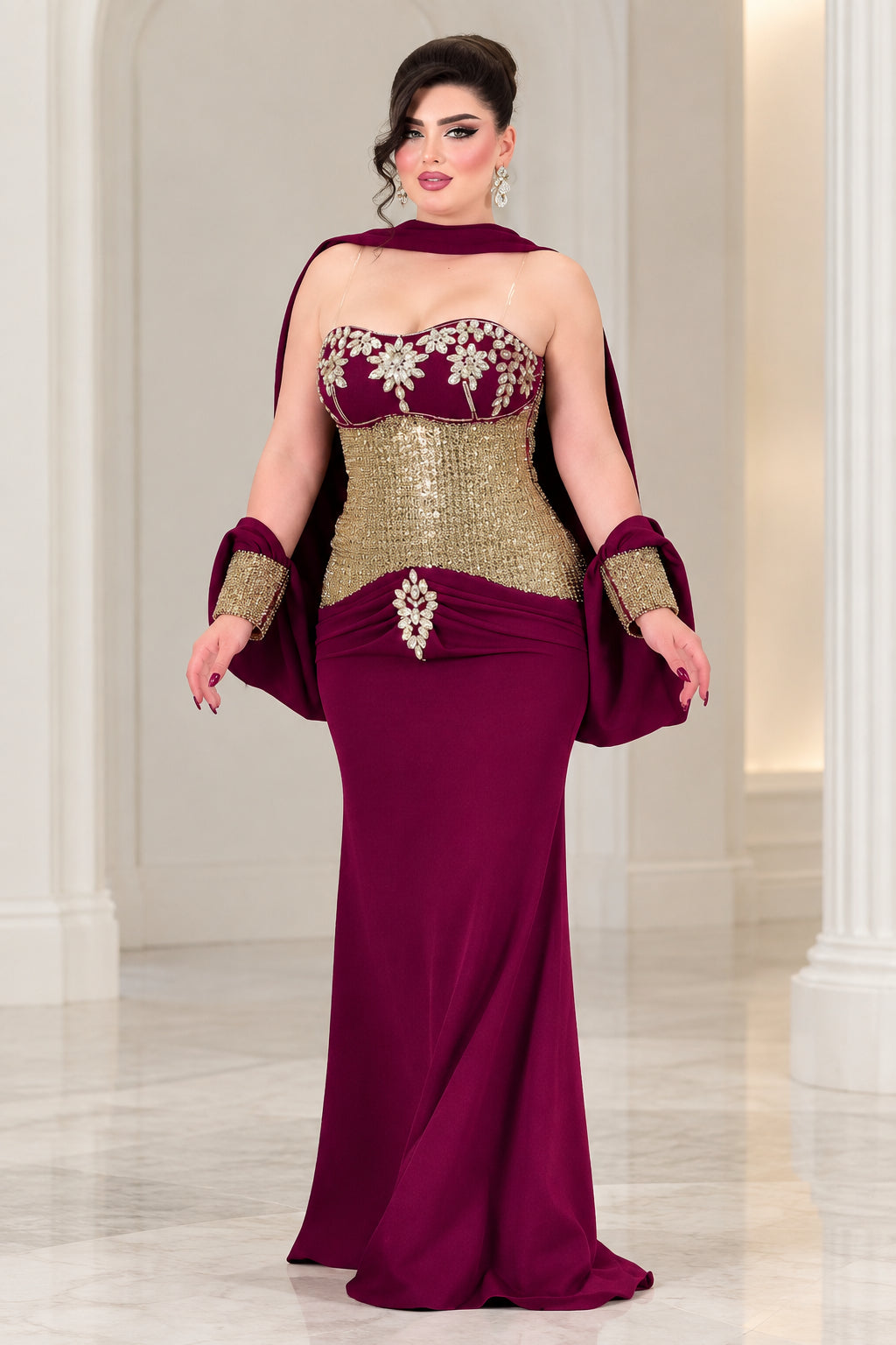 Burgundy strapless sequin corset evening gown with draped cape scarf front view