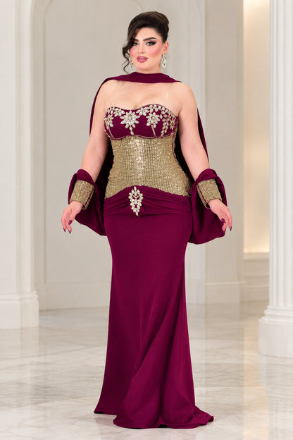 Burgundy strapless sequin corset evening gown with draped cape scarf front view