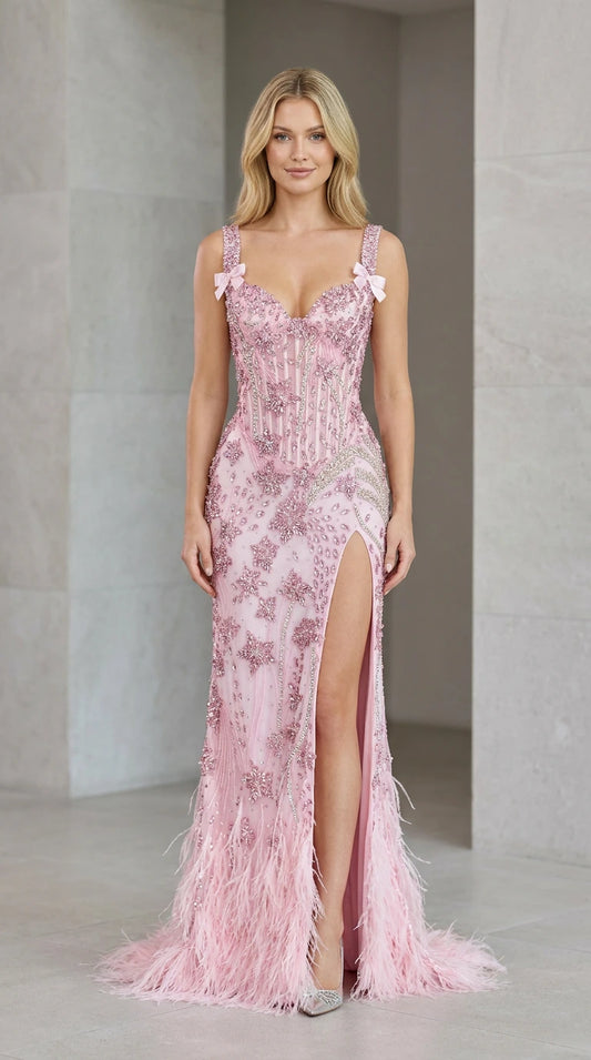 Front view of model in blush pink sequin corset gown with high slit and feather trim