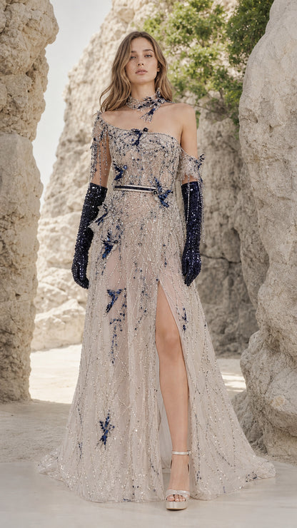 Full front view of Champagne asymmetrical beaded sequin evening gown with slit and choker detail