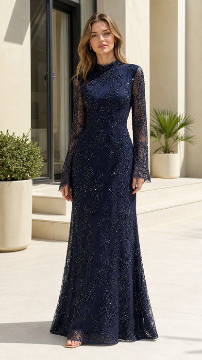 Full front view of navy blue high neck long sleeve sequin lace maxi evening gown