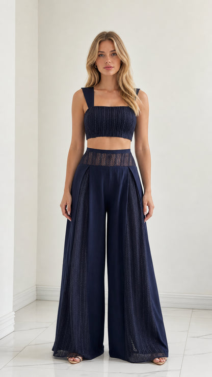 Front view of model wearing Navy Blue square neck crop top and wide-leg palazzo pants set