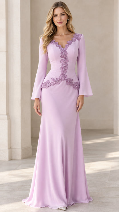 Front view of lavender floor-length evening gown with lace appliqué and bell sleeves