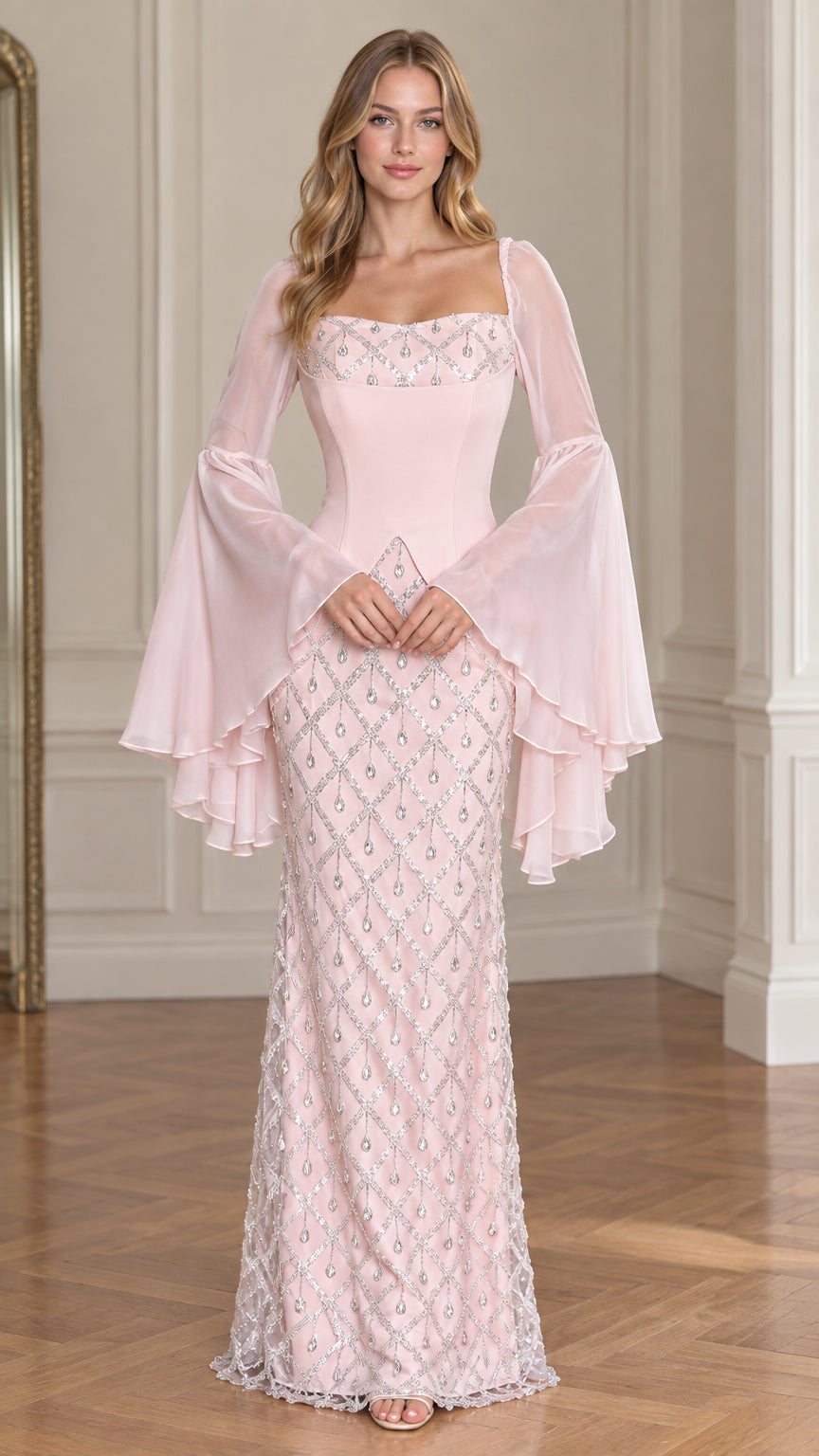 Front view of model wearing Blush Pink square neck beaded evening gown with tiered bell sleeves