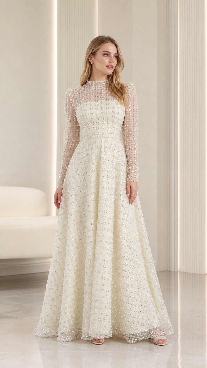 Front full-length view of model wearing ivory embellished high-neck long sleeve maxi gown