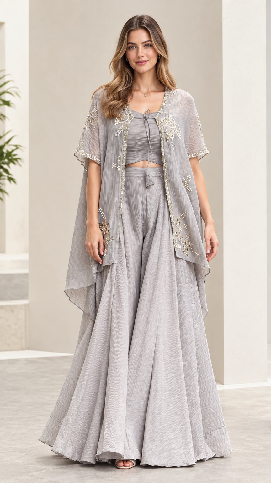 Silver gray 3-piece embroidered cape and wide-leg palazzo set front view