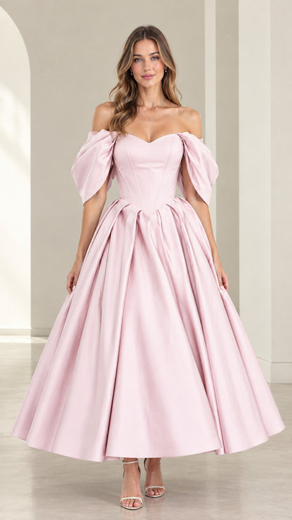 Full front view of model wearing Blush Pink off-the-shoulder corset pleated evening dress