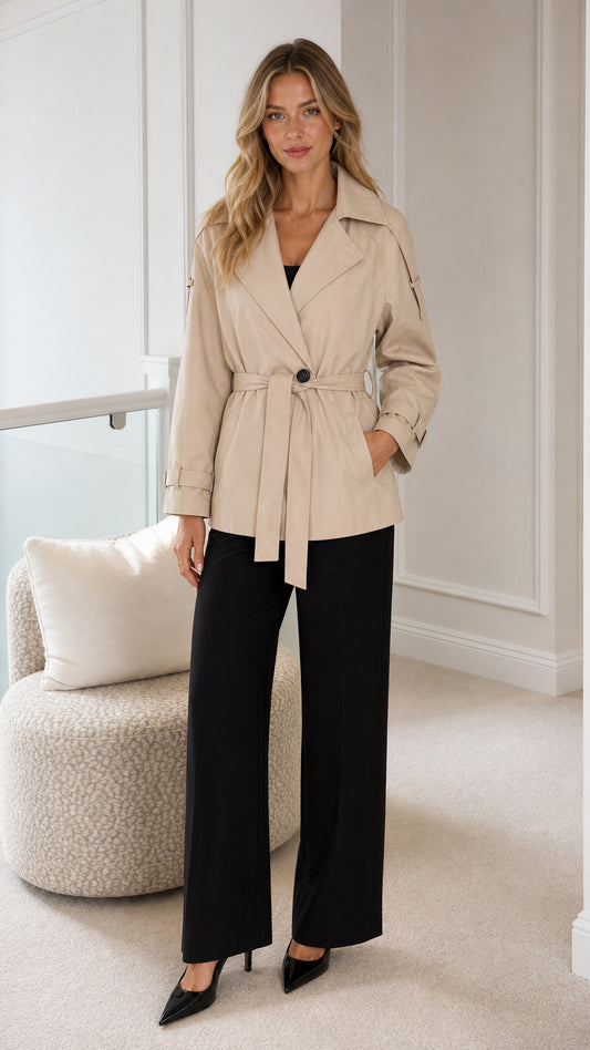 Front view of model wearing a beige short belted trench jacket with black wide-leg trousers