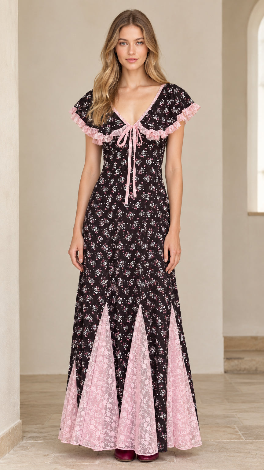 Front view of black floral maxi dress with pink lace collar and flared godet skirt