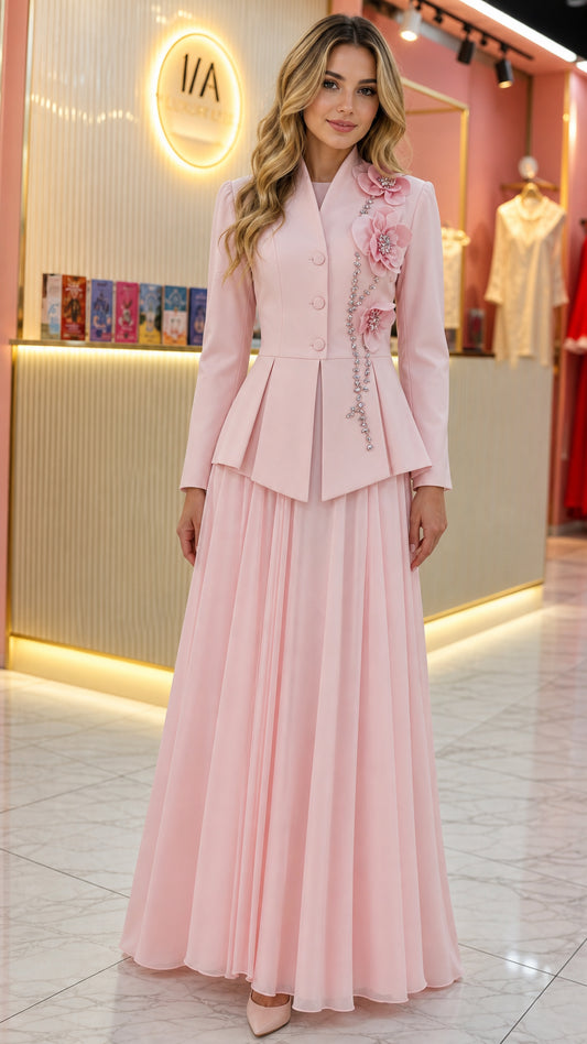 Front full view of women's blush pink peplum blazer and pleated maxi skirt set with 3D floral detail