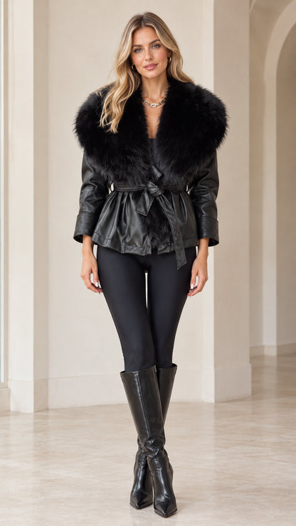 Front view of model wearing black faux leather jacket with black faux fur collar and tie belt