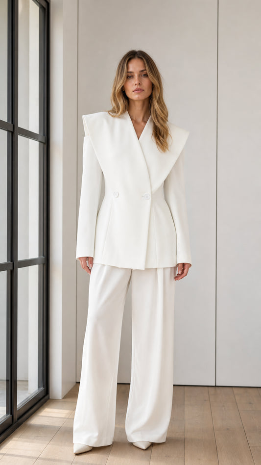 Front full-length view of model wearing white exaggerated shawl lapel blazer and wide-leg trousers suit set