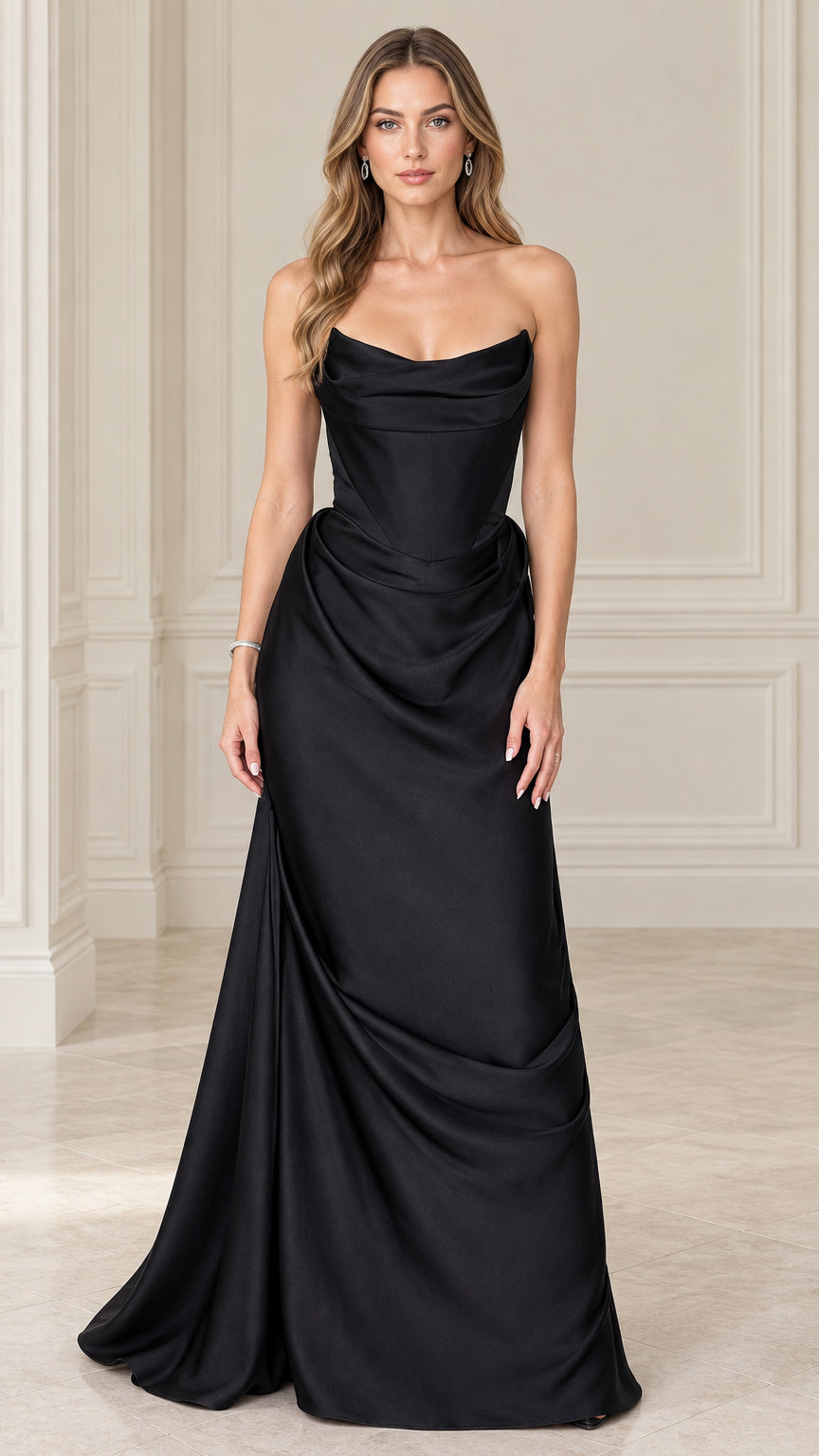 Model wearing black strapless cowl neck satin corset maxi dress front view