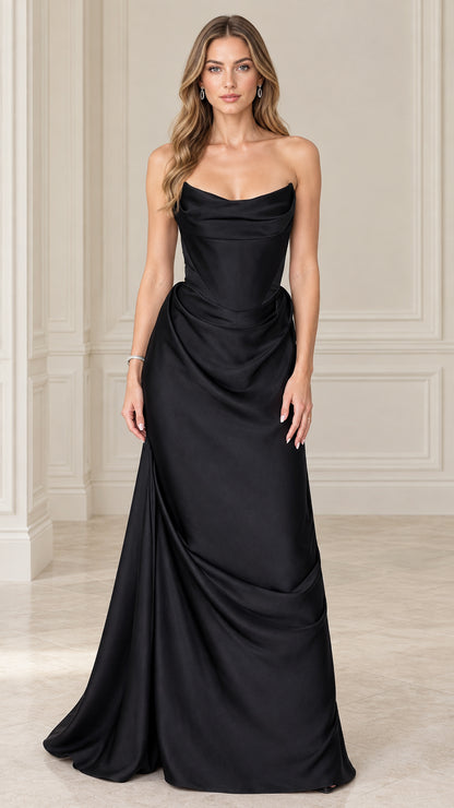 Model wearing black strapless cowl neck satin corset maxi dress front view