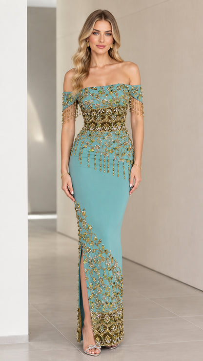 Front view of teal off-the-shoulder beaded fringe evening maxi gown with side slit