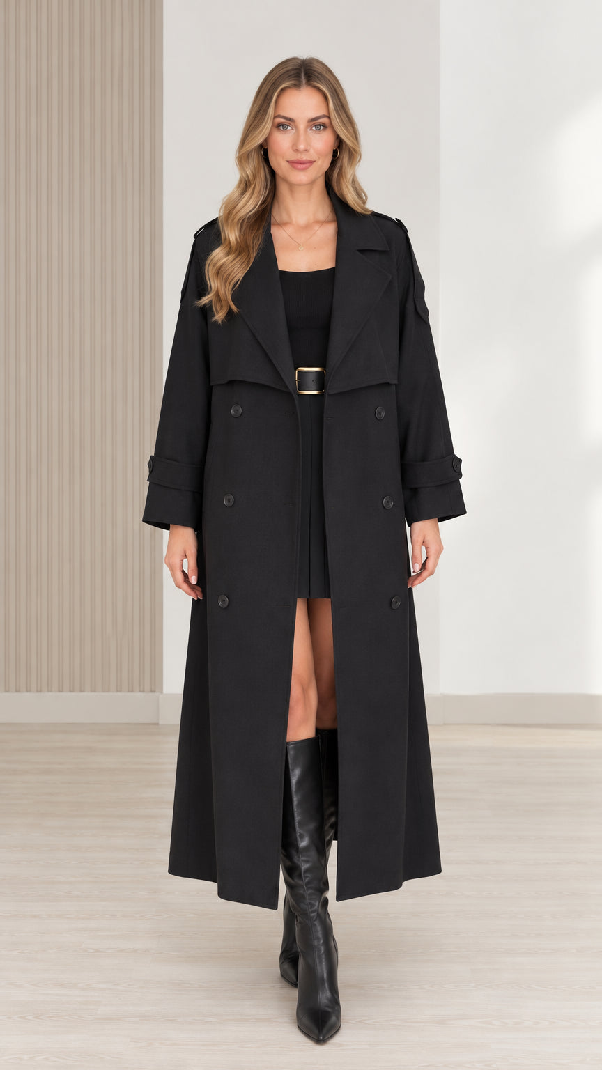 Full front view of women's black maxi double-breasted trench coat