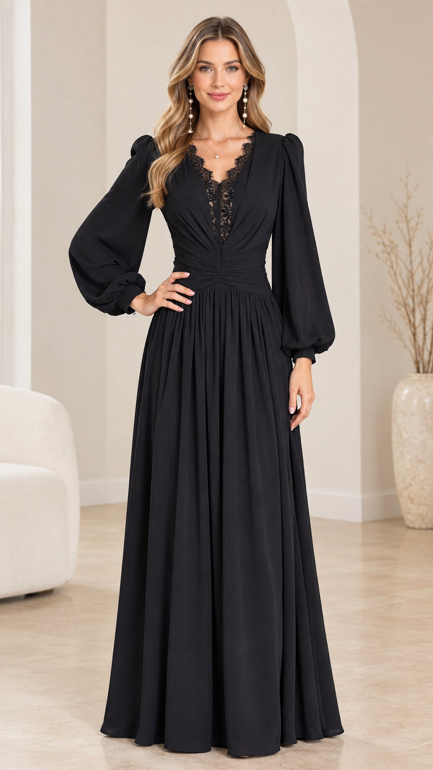Front view of black long sleeve lace trim maxi evening dress on model