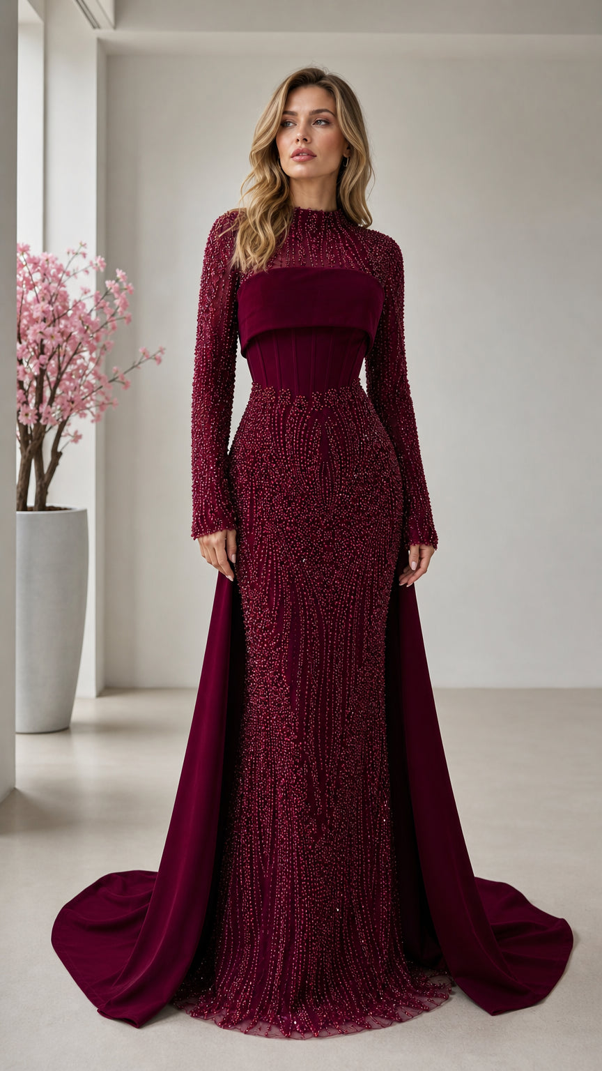 Front view of burgundy high-neck long sleeve beaded evening gown with corset waist and sweeping train