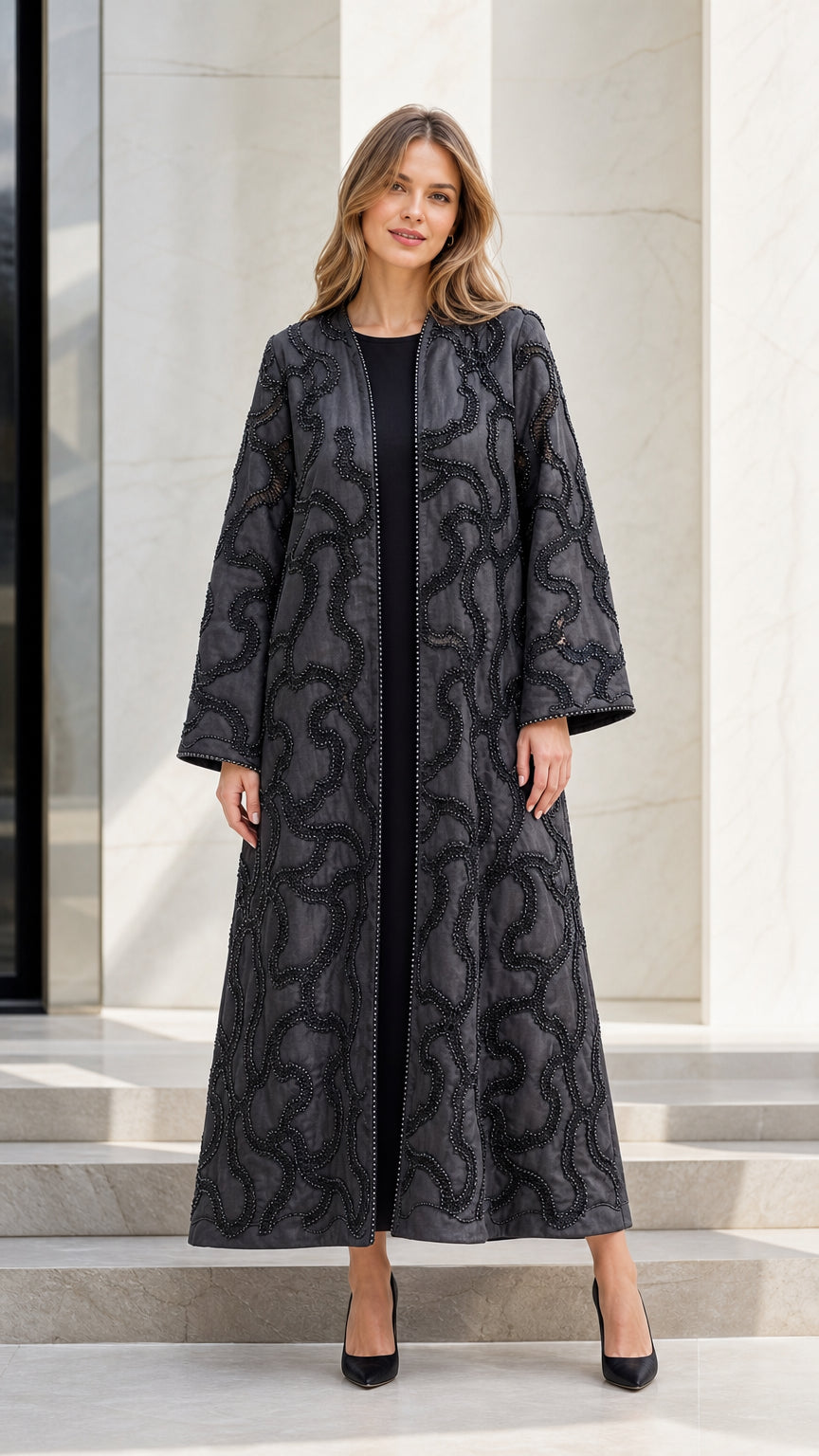 Model wearing Black beaded open-front maxi abaya coat front view