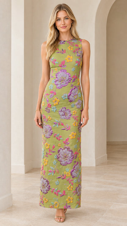 Front view of woman wearing floral embroidered sleeveless maxi dress in sage green