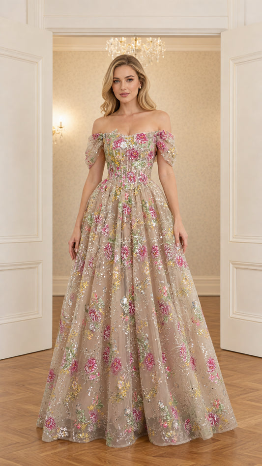 Front view of model wearing champagne off-the-shoulder floral embroidered sequin ball gown