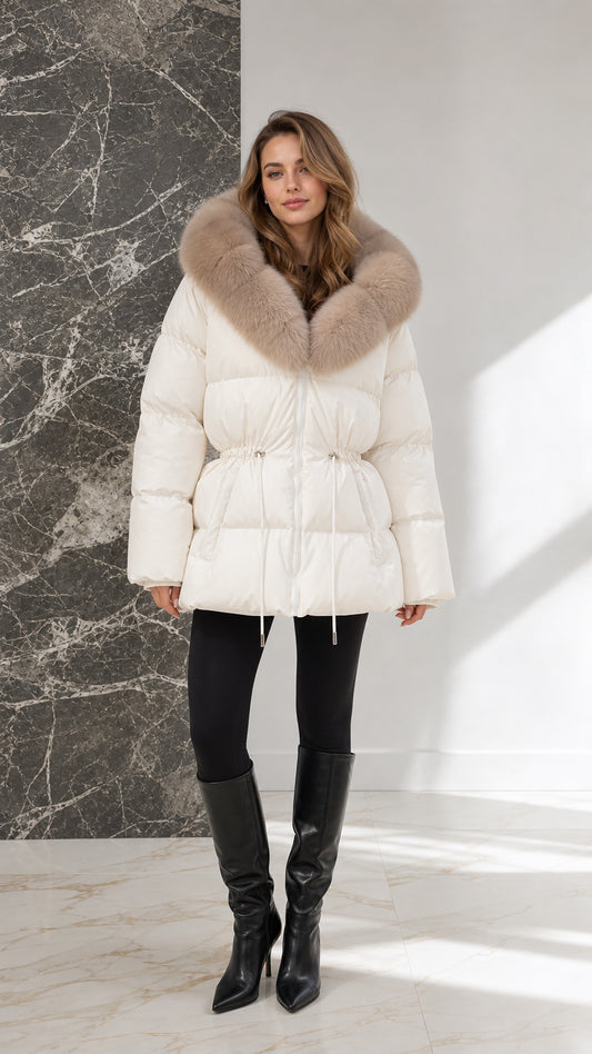 Front view of model wearing off-white quilted puffer coat with plush fur collar and knee-high boots