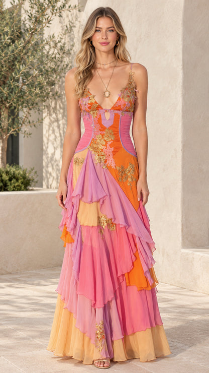 Front view of model wearing Sunset Multi tiered ruffle embroidered maxi evening dress
