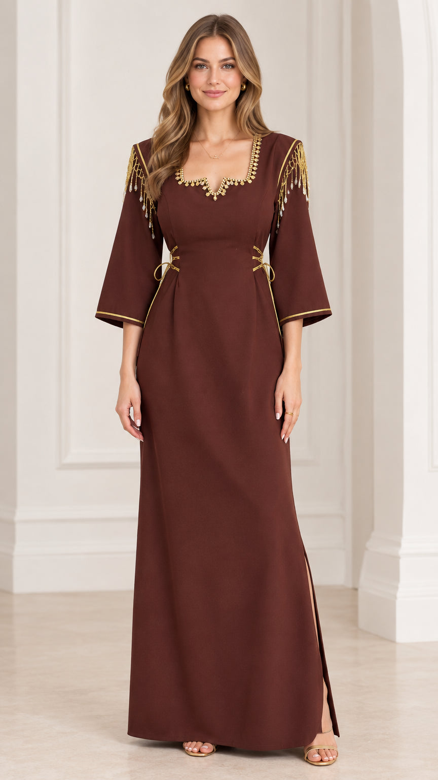 Front full view of woman wearing brown maxi dress with gold trim and beaded shoulder fringe