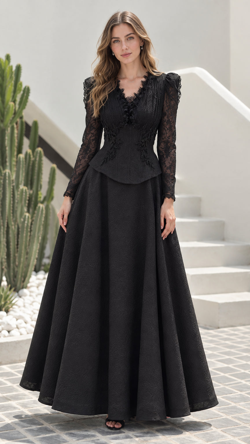 Front view of model wearing black long sleeve lace peplum evening maxi dress