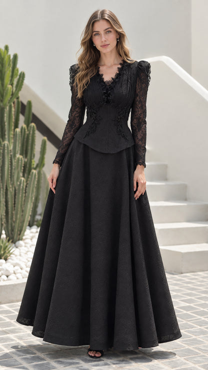 Front view of model wearing black long sleeve lace peplum evening maxi dress
