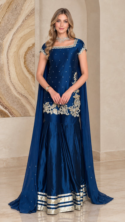 Royal blue embroidered tunic and sharara pants set with matching cape drape
