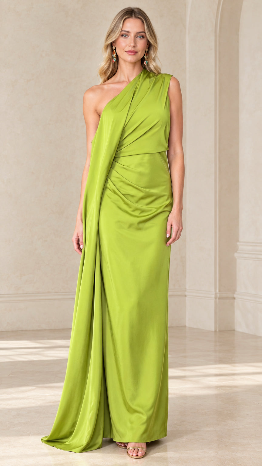 Front view of woman wearing Lime Green one-shoulder draped maxi evening gown