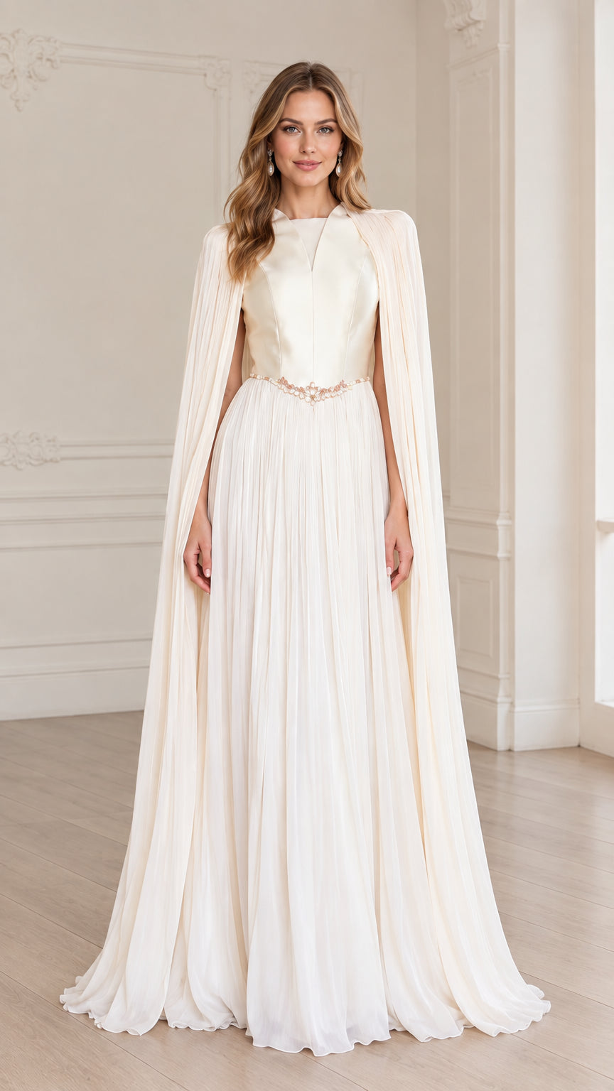 Front full view of woman wearing ivory pleated cape evening gown