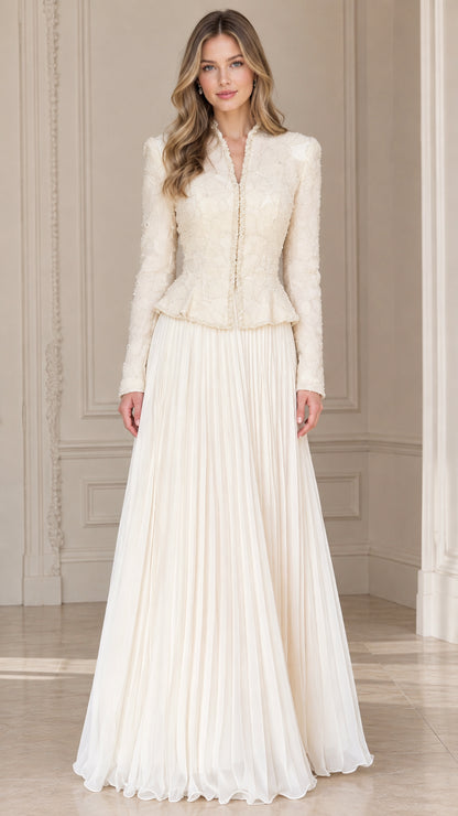 Front full view of woman wearing ivory cream embellished peplum jacket and pleated maxi skirt formal set