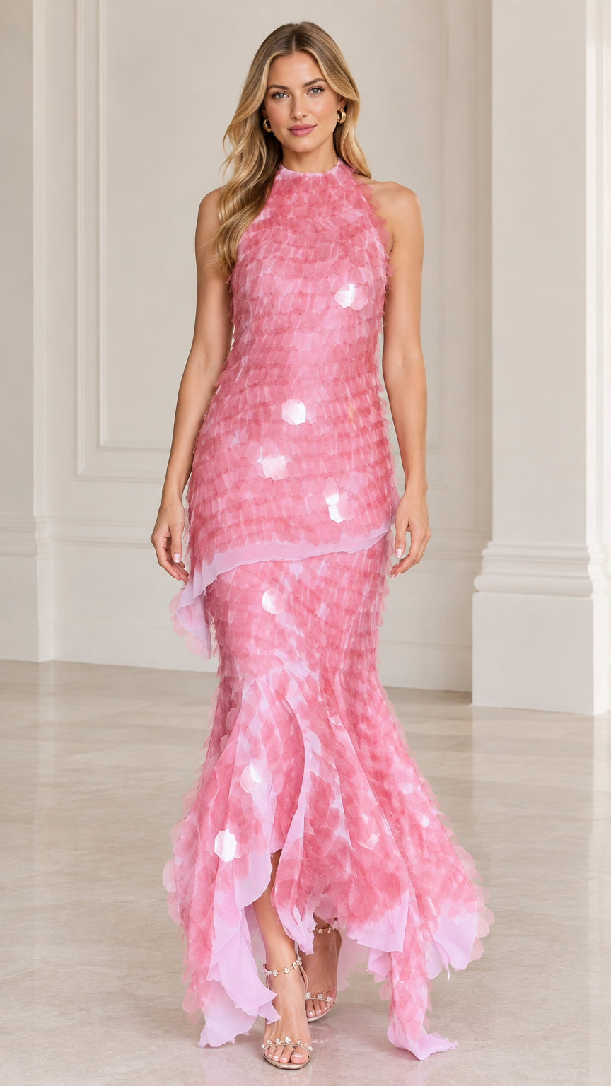 Front view of model wearing pink halter neck textured petal mermaid maxi gown
