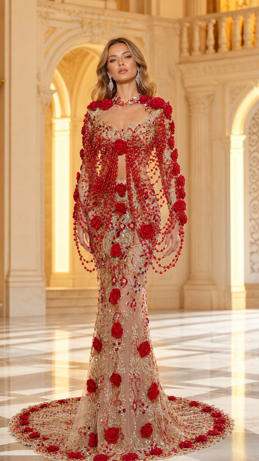 Front full-length view of model wearing Champagne beaded mermaid gown with red 3D floral appliqués and draped sleeves