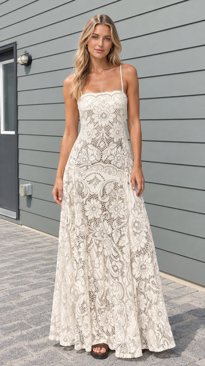 Model wearing cream floral lace cami maxi dress front view