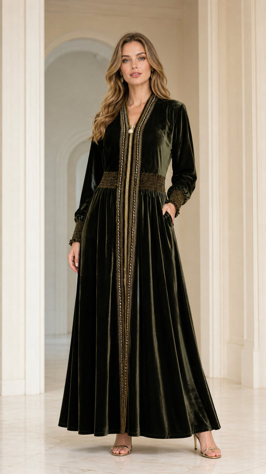 Full front view of model wearing Dark Green velvet embroidered maxi kaftan dress