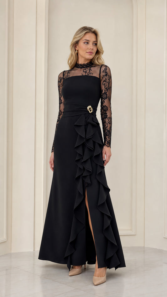 Black lace illusion long sleeve evening gown with cascade ruffles and front slit